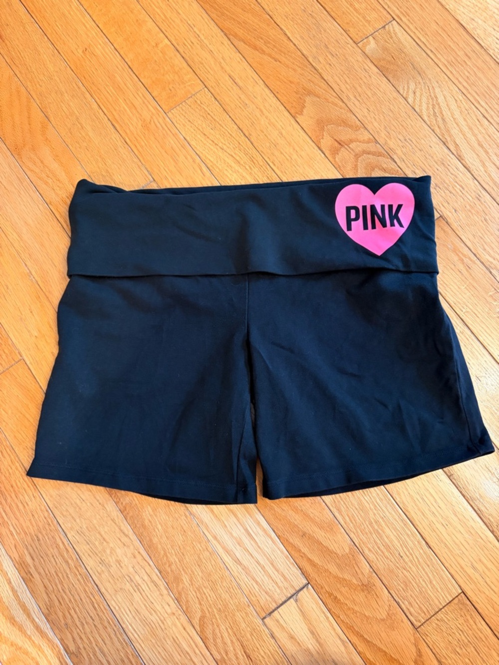 Victoria's Secret PINK Black Fold-Over Waist Bike Shorts with Pink Heart Logo